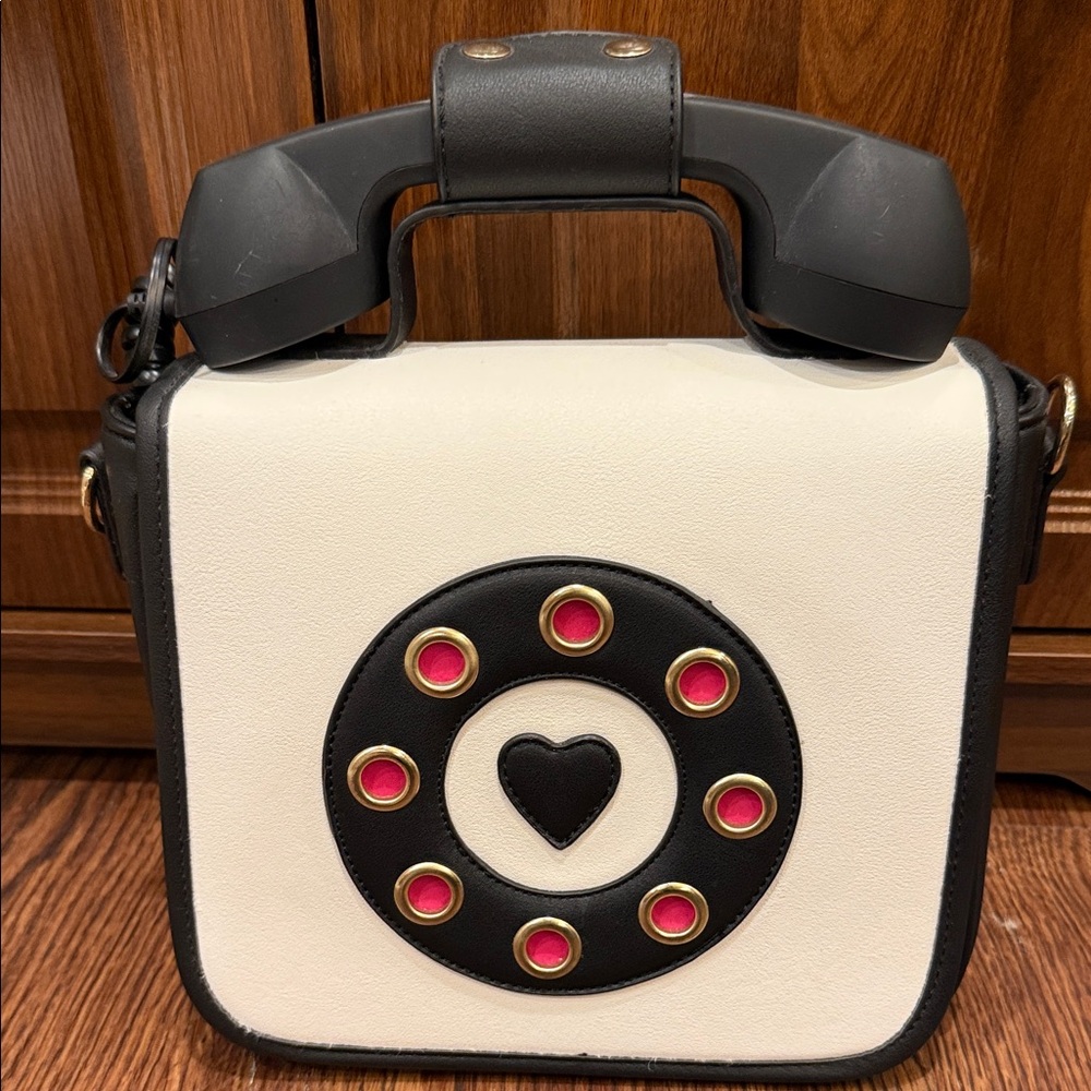 Betsey Johnson White, Black & Pink Novelty Phone-Handle Crossbody Bag